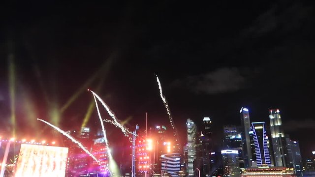 Fireworks at national day parade 2018 rehearsal with the city skyline in the background