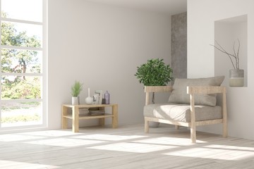 Idea of white room with armchair and summer landscape in window. Scandinavian interior design. 3D illustration