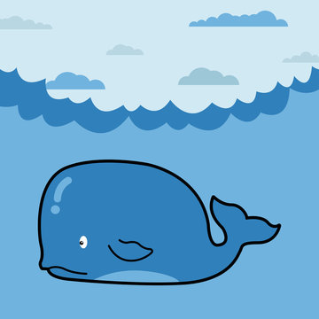 Whale in cartoon style. Whale cartoon, part of the collection of marine life. Illustration of cute cartoon whale. All in a single layer. Vector illustration. Elements for design.