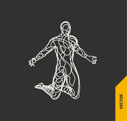 Man who prays. 3d model of man. Vector illustration. Wire connection to virtual reality.