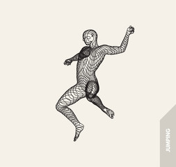 Jumping man. Freedom concept. 3d vector Illustration. Wire connection to virtual reality.