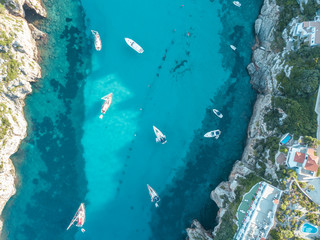 Fototapeta na wymiar Aerial Above View Yachts Beach Mediterranean Sea Blue Water