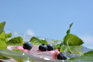 涼イメージ素材、氷、ハーブ、エディブルワラワー、ブルーベリー、青空背景