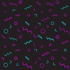 Memphis style vector pattern with neon glowing geometric shapes.