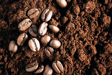 Naklejka premium coffee and coffee grinding, grind. Flat lay, top view 