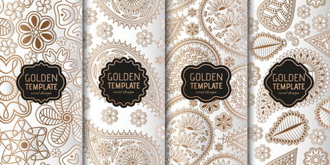 Set of golden luxury templates. Abstract geometric background with paisley and flowers. Vector illustration.