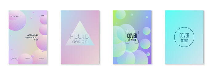 Minimal shapes cover set with holographic fluid. Gradient shapes on vibrant background. Modern hipster template for placard, presentation, banner, flyer, brochure. Minimal shapes cover in neon colors.