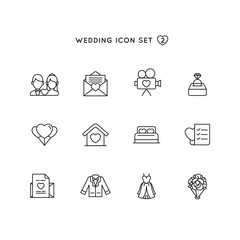 wedding outline icon set. object of marriage illustration with love symbol collection. monoline design perfect for digital invitation, card, website and mobile application design.