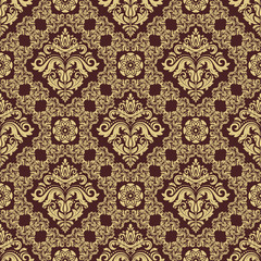 Classic seamless vector pattern. Damask orient ornament. Classic vintage brown and golden background. Orient ornament for fabric, wallpaper and packaging