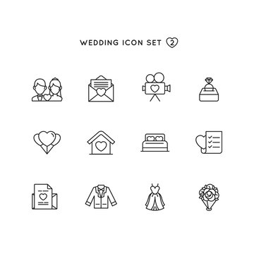 wedding outline icon set. object of marriage illustration with love symbol collection. monoline design perfect for digital invitation, card, website and mobile application design.