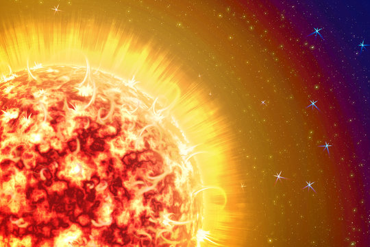 An image of a detailed sun in space. Star, solar storm. The power of the sun in the space with Plasma Background. 3d illustration