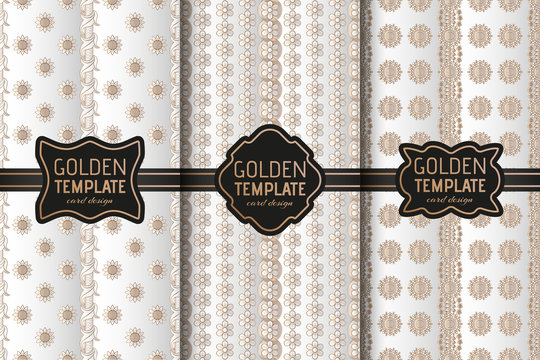 Set of golden luxury templates. Abstract geometric background with flowers. Vector illustration.