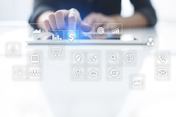 Virtual screen interface with applications icons. APPS. Strategy planning Internet technology concept.