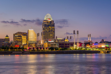 The Cincinnati skyline and Ohio River at night, seen from Covington, Kentucky,