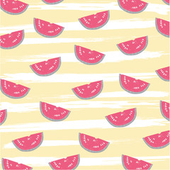 Fruity vector pattern with watermelon pieces. Striped white and yellow background. Design for scrapbooking paper, shoppers, beach bags, banners, site design, marketing