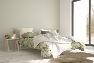 Idea of white minimalist bedroom. Scandinavian interior design. 3D illustration