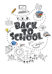 Concept of education. School background with hand drawn school supplies and comic speech bubble with Back to School lettering on blackboard.