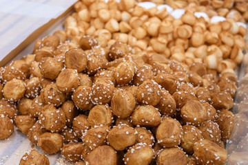 Fresh tasty bakery on display in supermarket