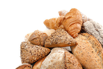 Different bakery products on white background