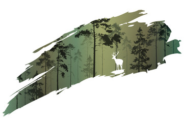 Naklejka premium fragment tła z lasem i jeleniem do projektu. Ilustracji wektorowych