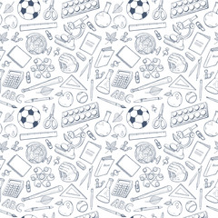 School doodle background. Vector seamless pattern from school elements hand drawn on white background. Back to school backdrop in sketch style.