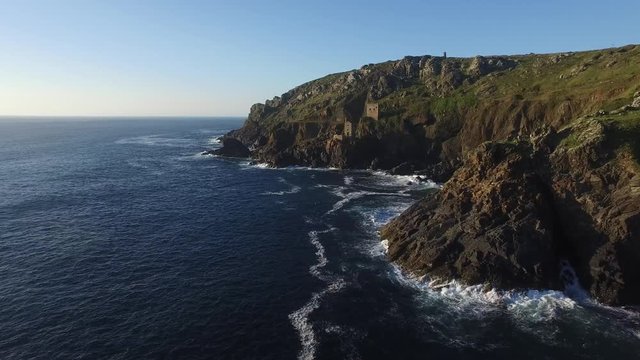 Drone footage of Botallack Mine at sunset in Cornwall, UKJ. This is an alternative shot and shows the mine slightly differently.