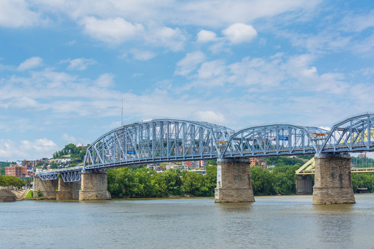 The Ohio River And Newport Southbank Bridge, Seen From Newport, Kentucky.