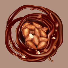 Almond nuts in chocolate. Realistic background with chocolate splashes and nuts. Vector illustration.