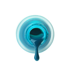 Open bottle with dripping nail polish on white background
