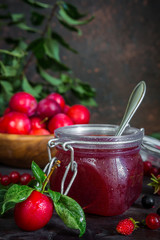 assortment of jam in glass jars, seasonal fresh berries and fruit plum, strawberry, currant, raspberries on a dark background selective focus with copy space, crop concept