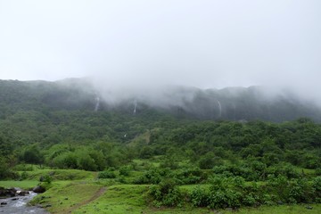 Beautiful landscape waterfall on western ghat mountain and hills in rainy season