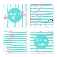 Wedding confetti with stripes. Invitation set. Pink hearts and dots on mint and white background. Design with wedding confetti for party, event, bridal shower, save the date card.