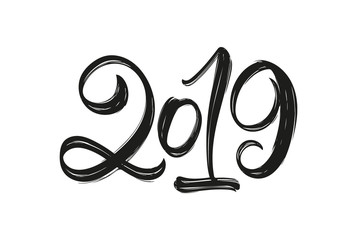 Vector illustration: Handwritten calligraphic brush lettering of 2019 on white background. Happy New Year