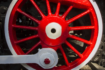 The structure of the wheel of an old locomotive. Museum of the railway.