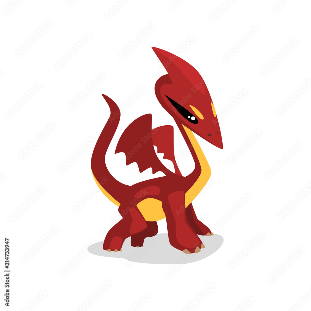 Sticker Cute baby dragon with wings, funny fantasy animal charactercartoon vector Illustration on a white background