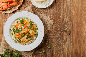 Risotto With Shrimp. Flat lay.