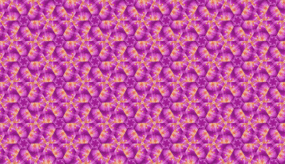 Illustration Art of Beautiful Illusion Kaleidoscope Seamless Pattern Designed From A Flower Showing Its Yellow Pollens and Purple / Violet Petals for Textile, Background, Backdrop, or Wallpaper.