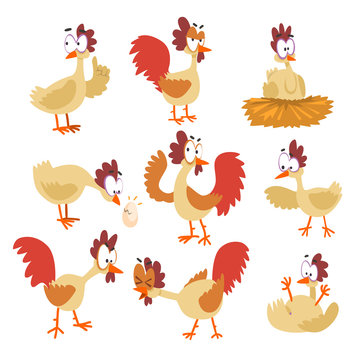 Funny hen set, comic cartoon bird characters in different poses and emotions vector Illustrations on a white background.