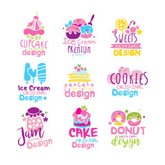 Fototapeta premium Sweets logo original design set, kids menu badges, premium natural organic food hand drawn vector Illustrations on a white background