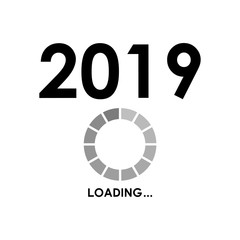 Icono plano LOADING 2019 con circulo cuenta atras en color negro