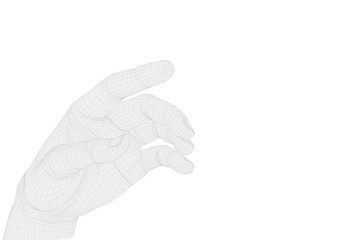 3D left hand in wireframe on white background with index finger pointing upwards to indicate something. 3D reconstruction of a human hand that uses the index to touch or indicate.