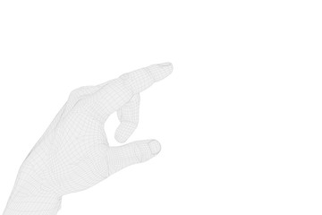 3D left hand in wireframe on white background with index finger pointing upwards to indicate something. 3D reconstruction of a human hand that uses the index to touch or indicate.