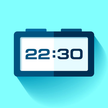 Digital Clock icon in flat style, timer on blue background. 22:30. Simple watch. Vector design element for you business projects