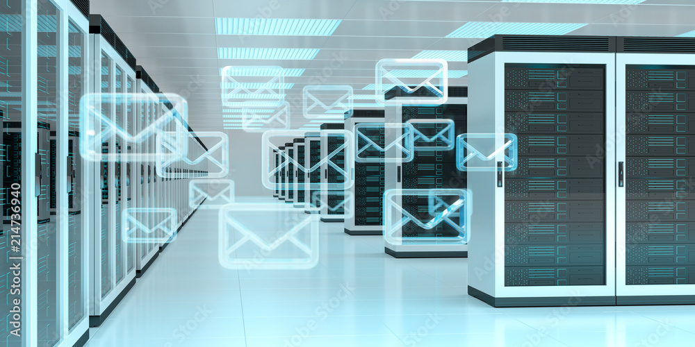 Leinwandbilder emails exchange over server room data center 3d rendering
