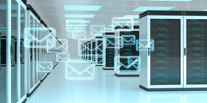 Emails exchange over server room data center 3D rendering
