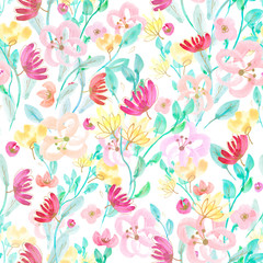 Naklejka na ściany i meble Seamless pattern: watercolor and gold ballpoint pen hand drawn flowers on a white isolated background