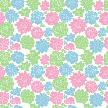 Hand drawn succulent silhouettes seamless vector pattern in bright colors - blue green and purple shades