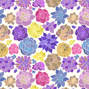 Succulent seamless pattern. Colorful hand drawn succulents in purple blue and yellow on a white background, purple blue and yellow shades . Vector illustration