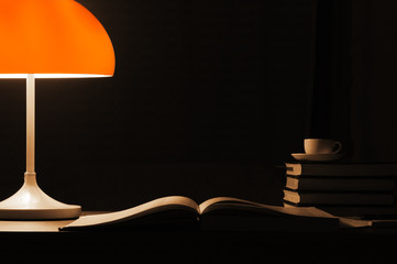 A table lamp lights up the books on the desk