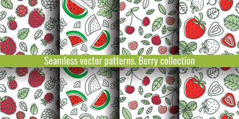 Seamless pattern set. Juicy berry collection. Cherry, strawberry, raspberry, watermelon. Hand drawn color vector sketch background. Colorful doodle wallpaper. Summer print
